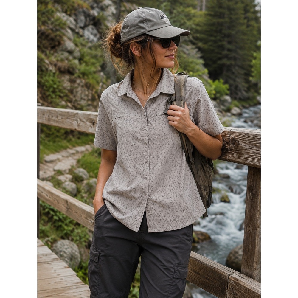 REI Co-op Womens XL Gray Patterned Short Sleeve Hiking Trail Utility Shirt